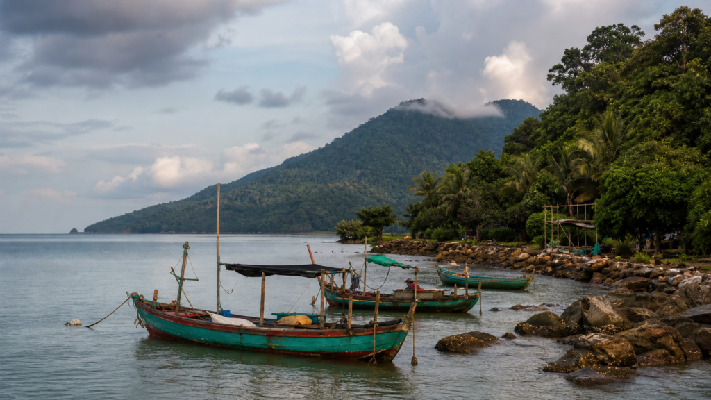 Fishing boats along Kep’s rocky coast beneath forested hills