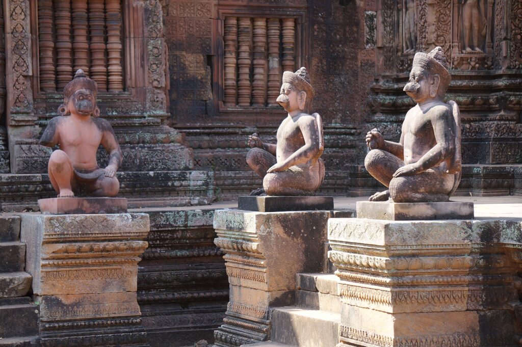 Detailed sandstone architecture at Banteay Srei temple
